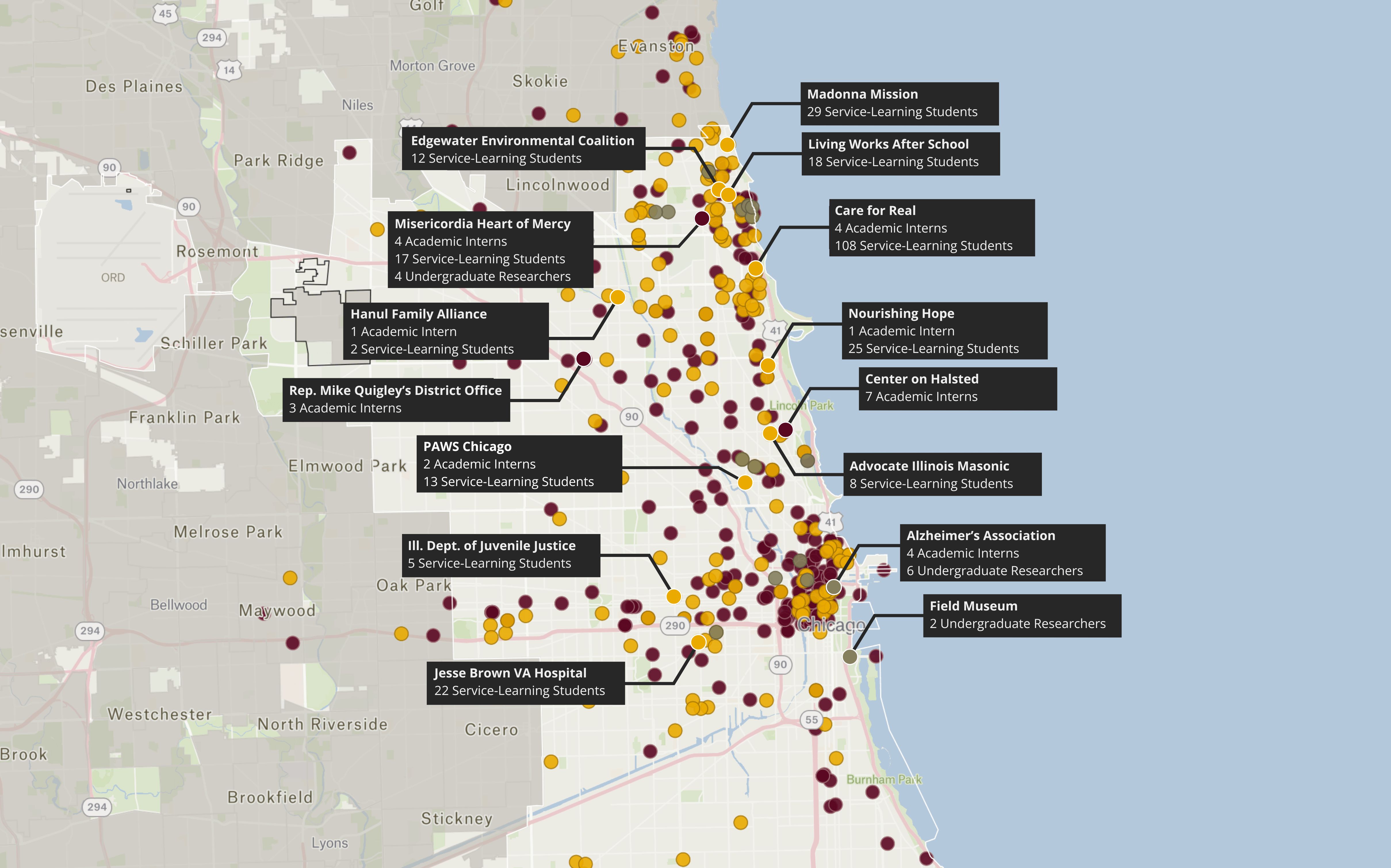 Map of Chicago, marking where students have completed academic internships, service-learning, or undergraduate research experiences in the 2024-2025 academic year